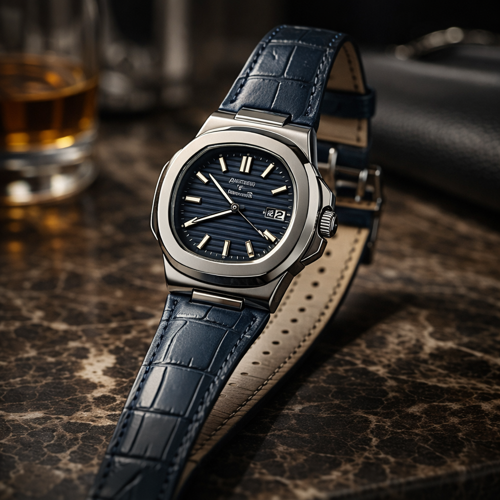 Patek Philippe Royal Blue Dial Stainless Steel Luxury Watch with Crocodile-Pattern Leather Strap
