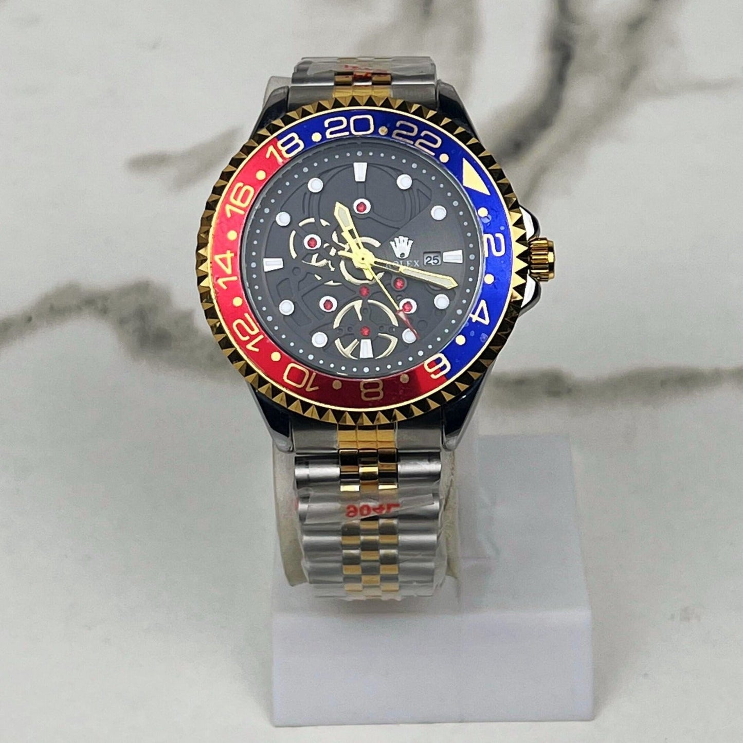 Luxury Dual-Tone Wrist Watch with Multicolor Bezel – Premium Stainless Steel