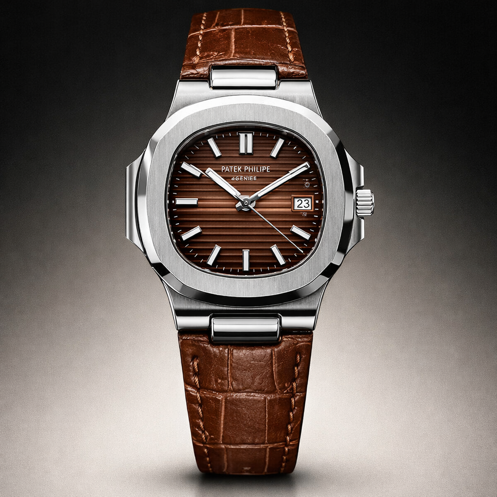 Patek Philippe Classic Brown Dial Stainless Steel Luxury Watch with Crocodile Leather Strap