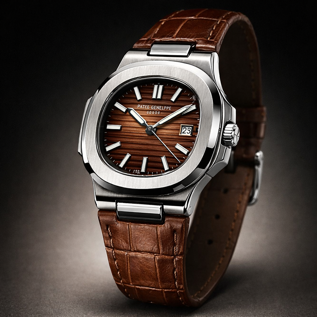 Patek Philippe Classic Brown Dial Stainless Steel Luxury Watch with Crocodile Leather Strap