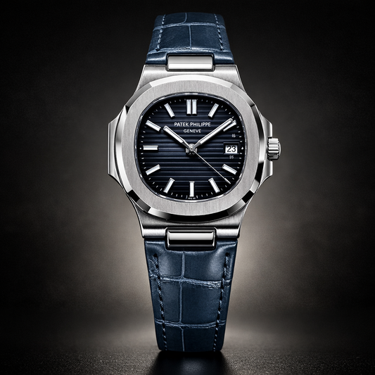 Patek Philippe Royal Blue Dial Stainless Steel Luxury Watch with Crocodile-Pattern Leather Strap