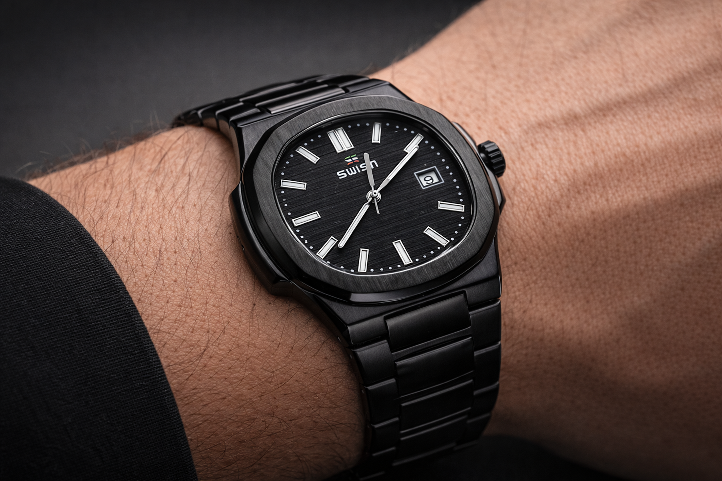 WISH Men’s All-Black Stainless Steel Wristwatch – Minimal Dial with Date Display