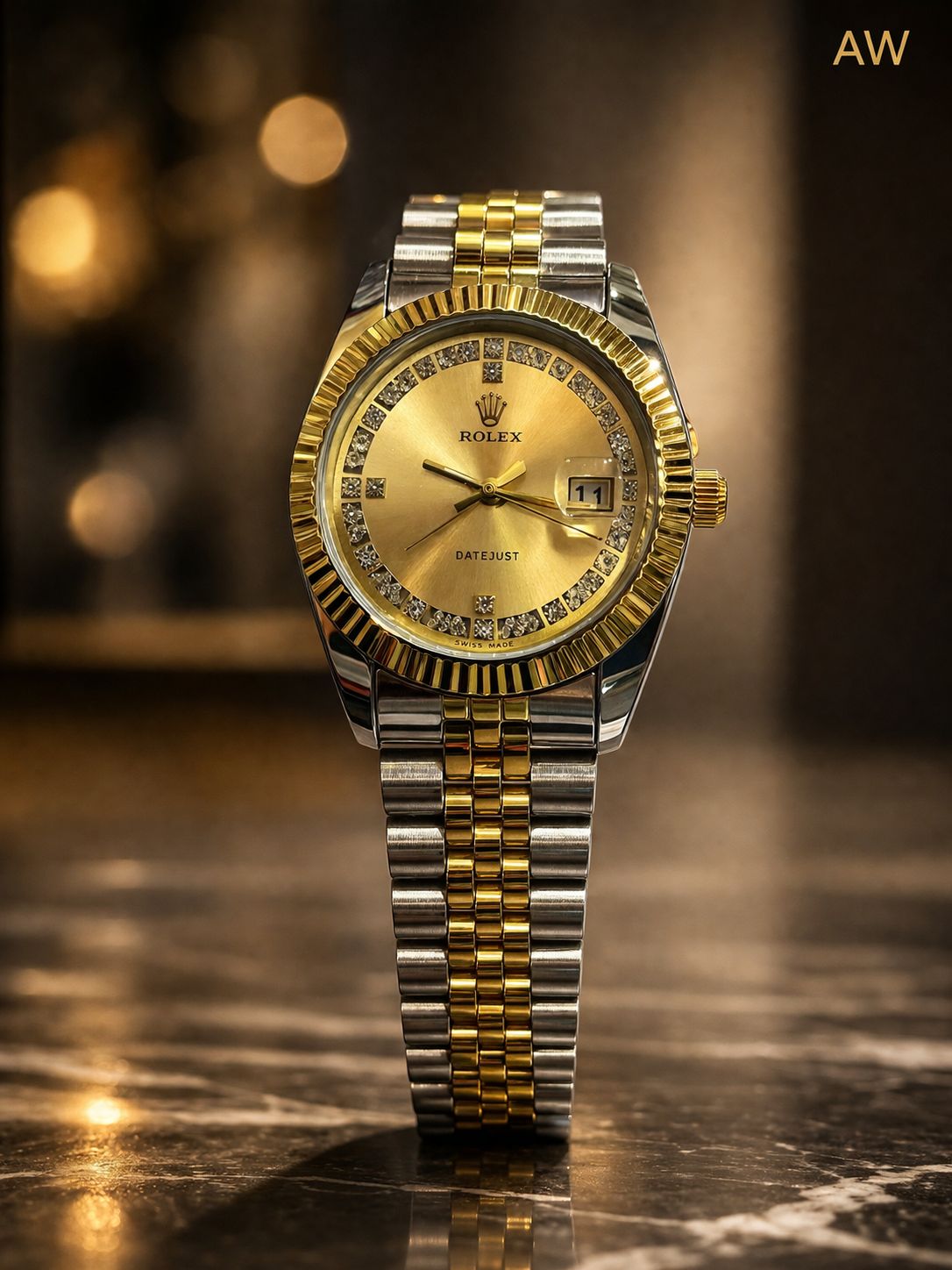 Luxury Two-Tone Datejust Style Watch – Gold & Silver Stainless Steel with Diamond Markers